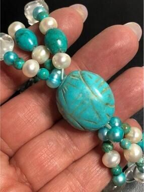 B1107 Turquoise Freshwater Pearl Rock Crystal stretch bracelet Carved